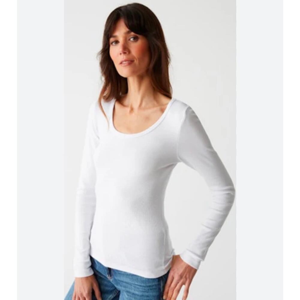 Wildfox Abby Long Sleeve Rib Knit Scoop Neck Tee White Size Large NWT